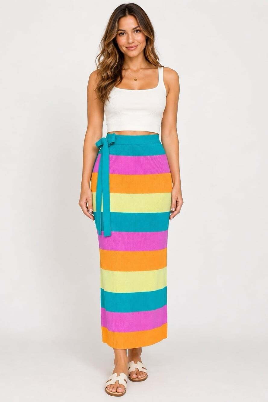 Free People Beach Striped Knit Wrap Skirt Rainbow Summer Size L Midi or Maxi
